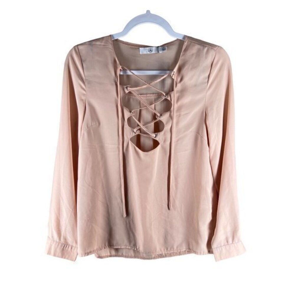 Missguided Womens Tops Size 2 Pink Chiffon Lace-Up Long Sleeve Blouse